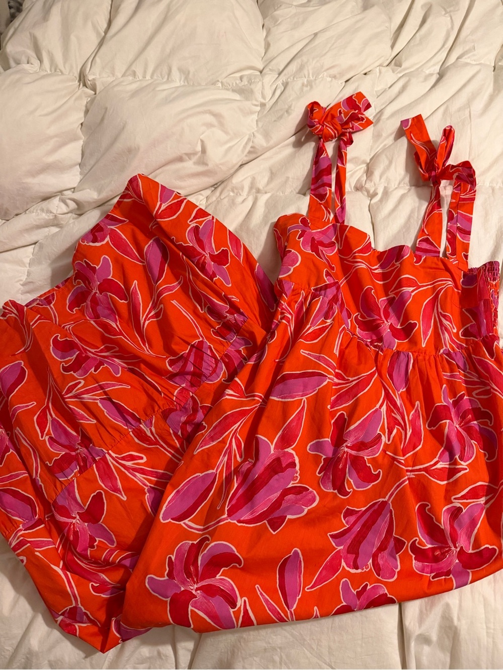 THML Orange Maxi Dress with Pink Floral Print and Tie Straps